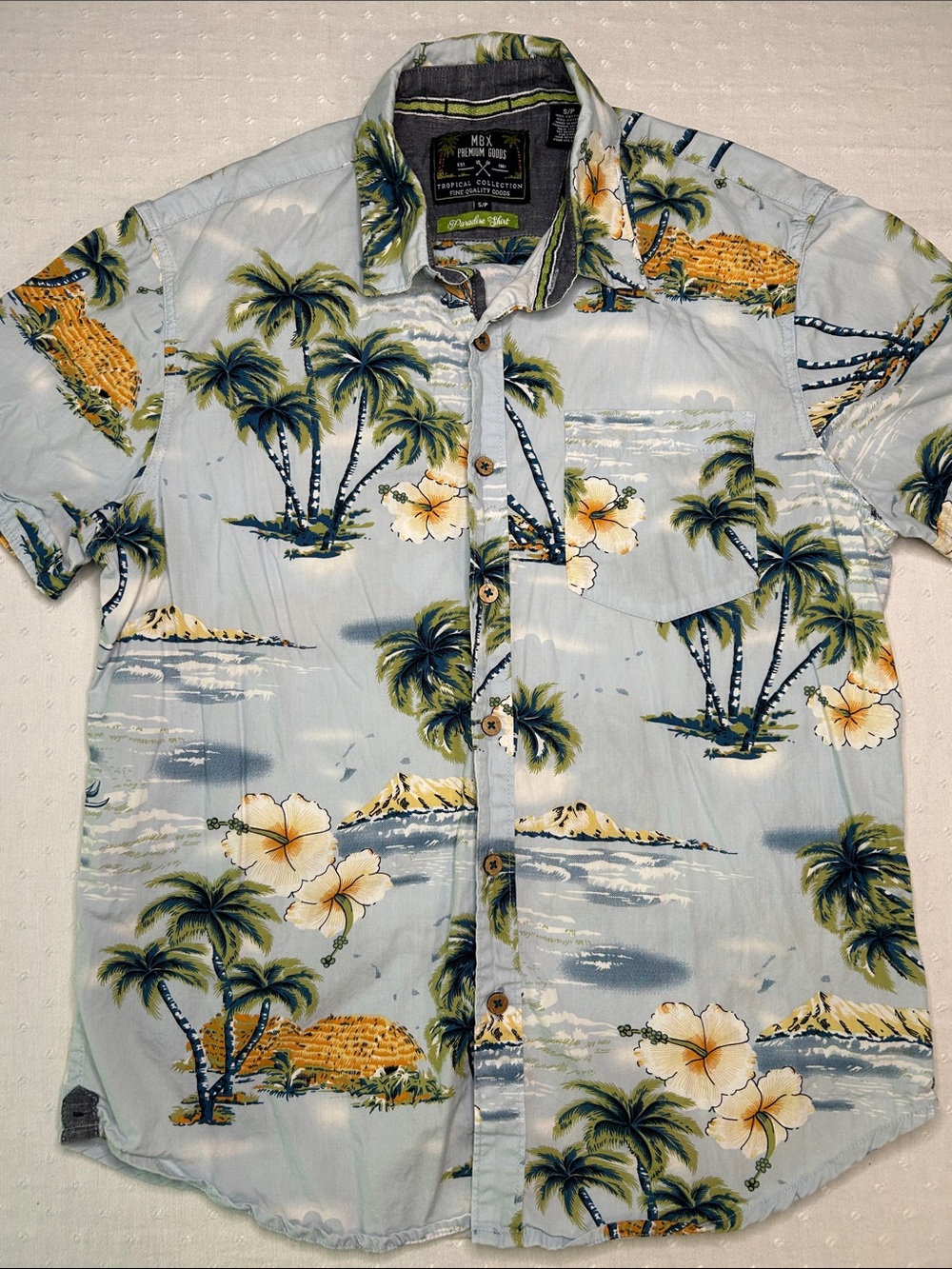 MBX premium cotton Light Blue Hawaiian Palm Print Short Sleeve Button-Down Shirt